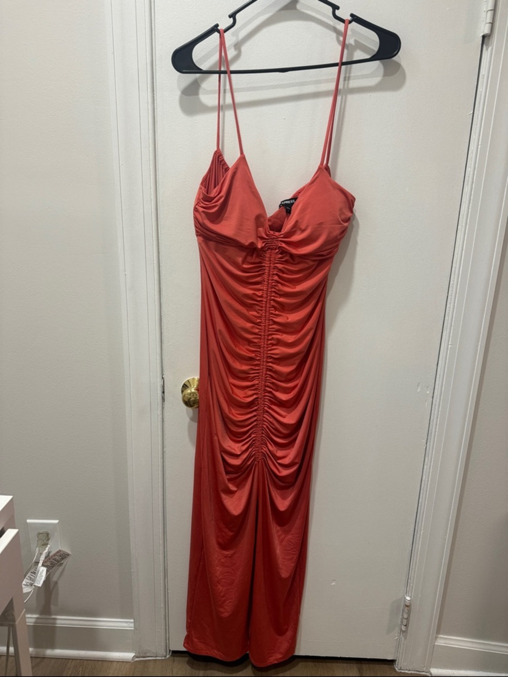 EXPRESS Ruched Spaghetti-Strap Maxi Dress in Coral